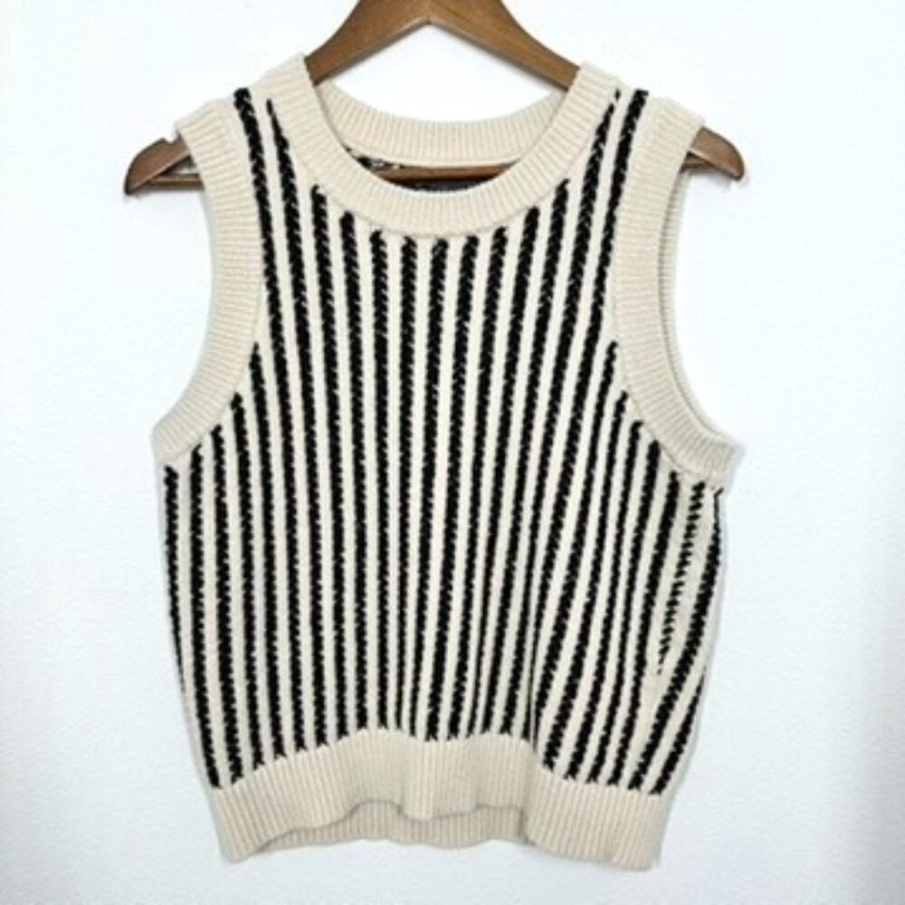 French Connection Black and Cream Striped Sleeveless Knit vest